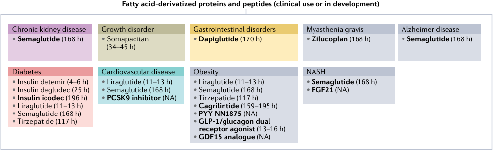 Figure 5. Fatty acid-derivatized proteins and peptides (clinical use or in development).